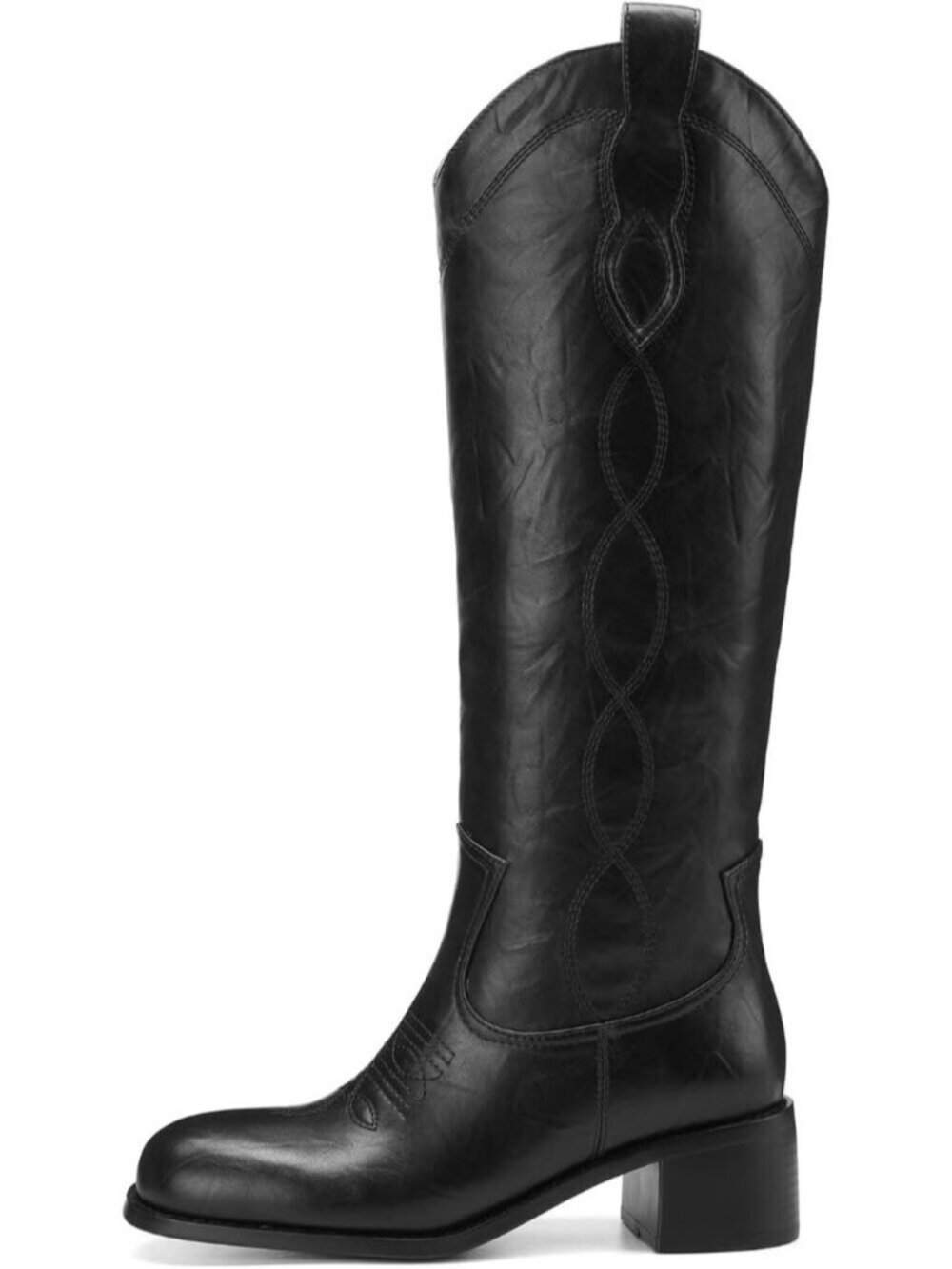 Women's All Black Square Toe Chunky Block Heel Casual Campus Tall Boots Western